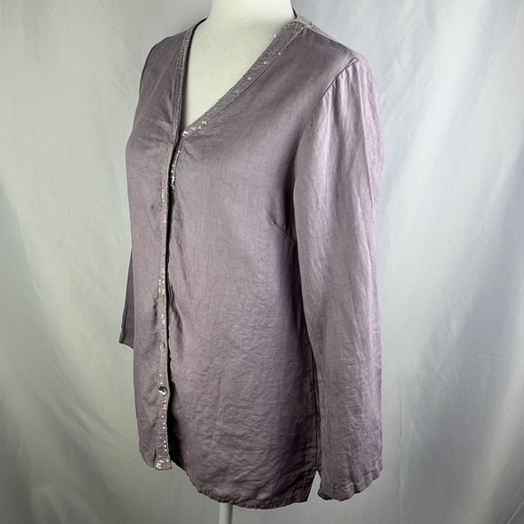 Charlie B Lavender Linen Sequin Button Front Lace Blouse Top Italy Size S - Picture 5 of 12